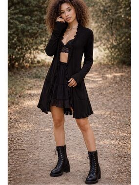 Joseph A. Black Knit Cardigan with Ruffle Edge